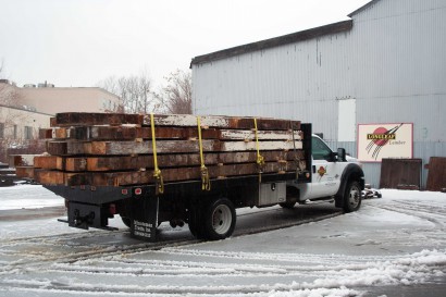 reclaimed salvaged antique repurposed heart pine beams on longleaf truck