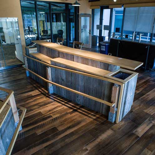 Reclaimed Skip-Planed Oak Flooring ~ Venture Café at Cambridge Innovation Center, Kendall Square, Massachusetts