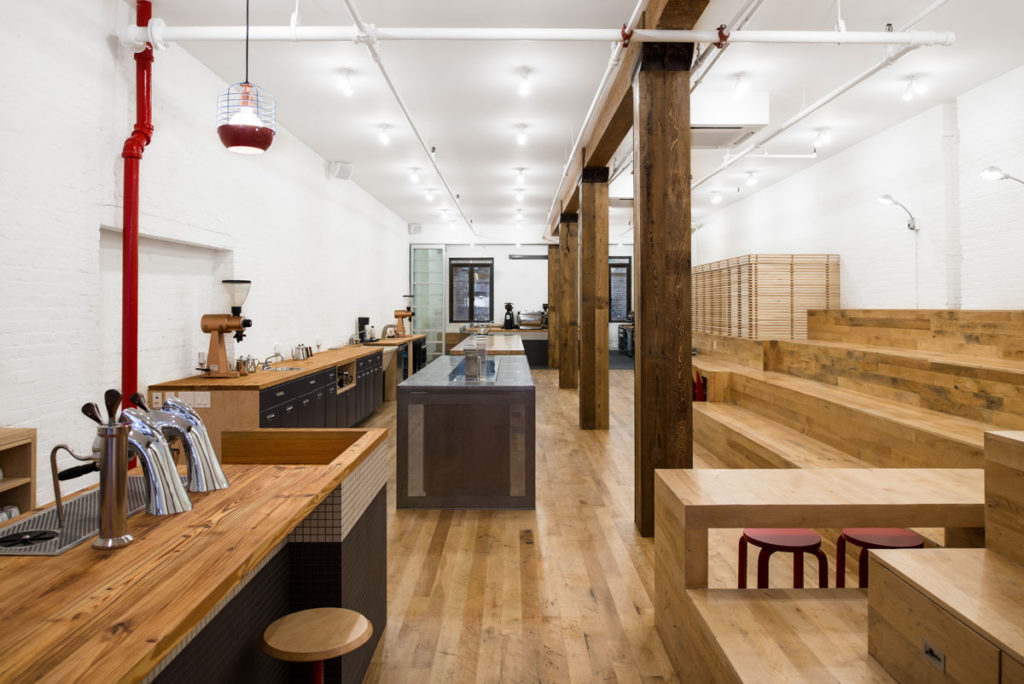 Reclaimed Factory Maple Flooring & Paneling ~ Counter Culture Coffee, New York City