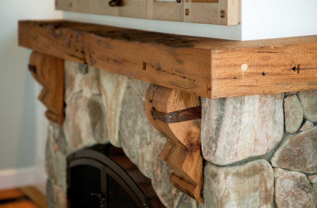 Reclaimed oak mantel in Rockport, Massachusetts