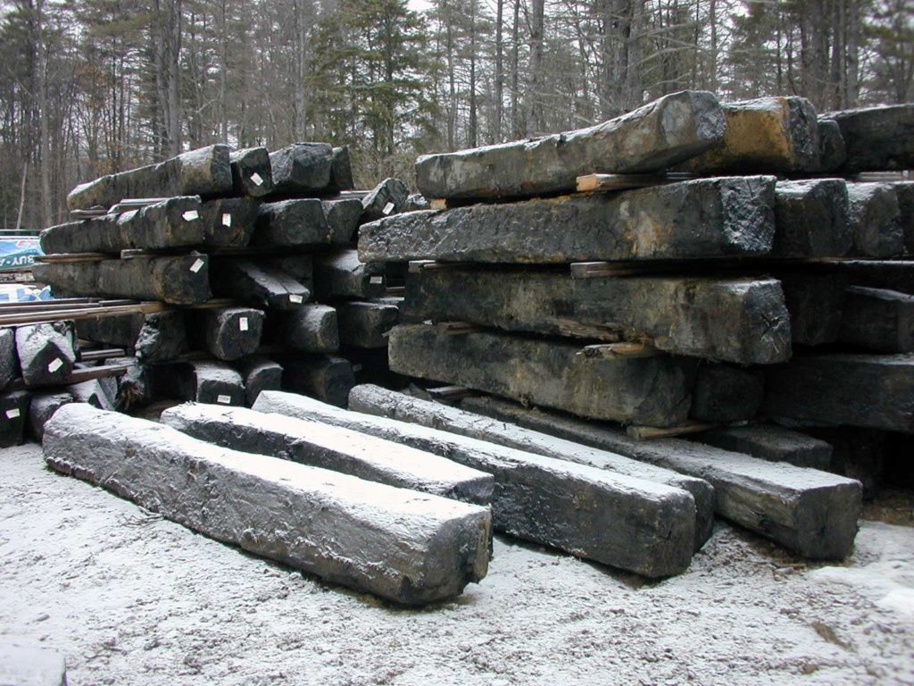 Reclaimed southern Live Oak timbers being sorted in Berwick, Maine.