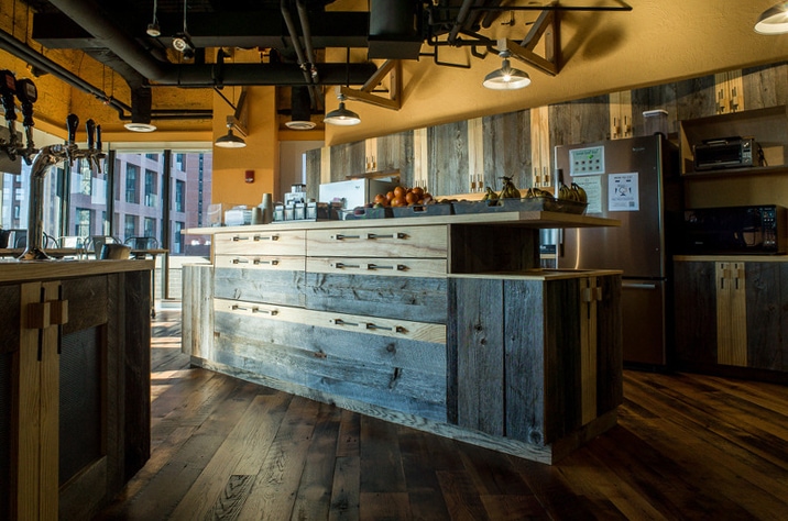 Reclaimed Barn Board & Heart Pine Cabinets ~ Venture Café at Cambridge Innovation Center, Kendall Square, Massachusetts