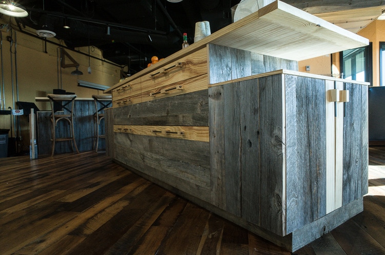 Reclaimed Barn Board Cabinets ~ Venture Café at Cambridge Innovation Center, Kendall Square, Massachusetts