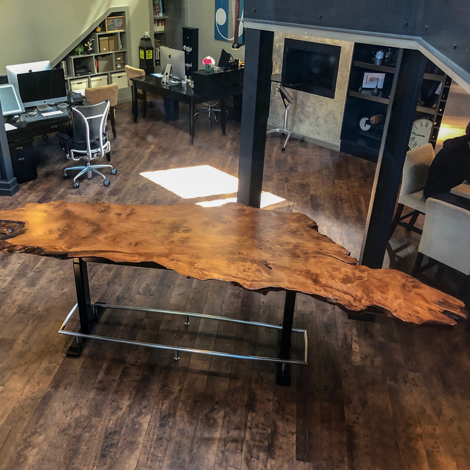Salvaged Redwood Slab Table in Office Space