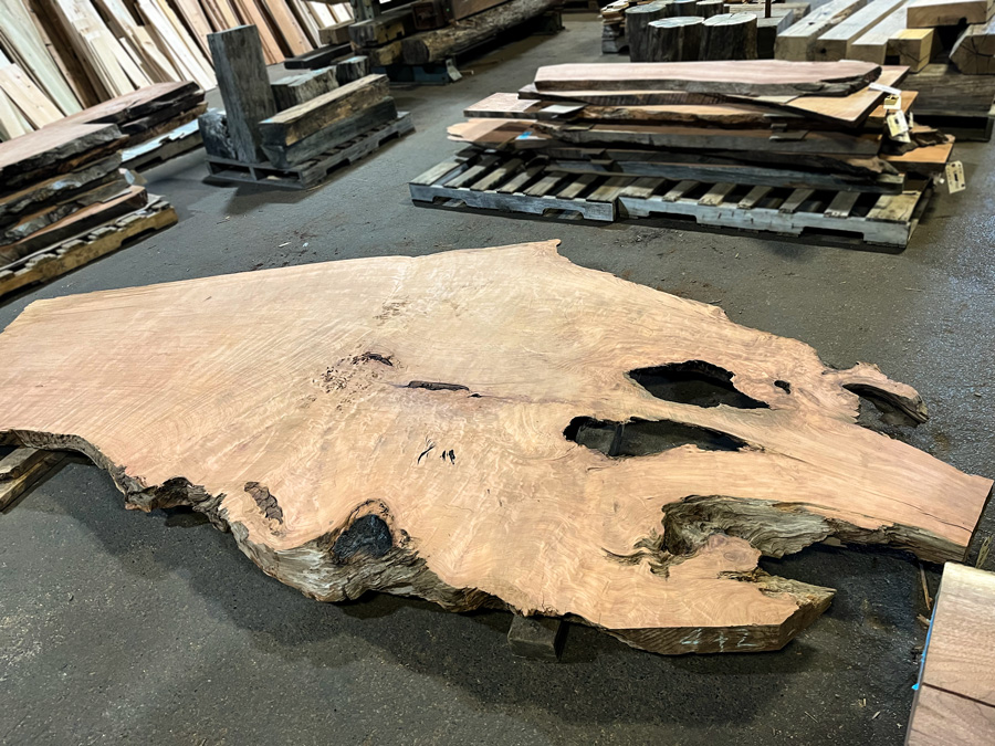 Large salvaged redwood slab in Longleaf Lumber Cambridge warehouse