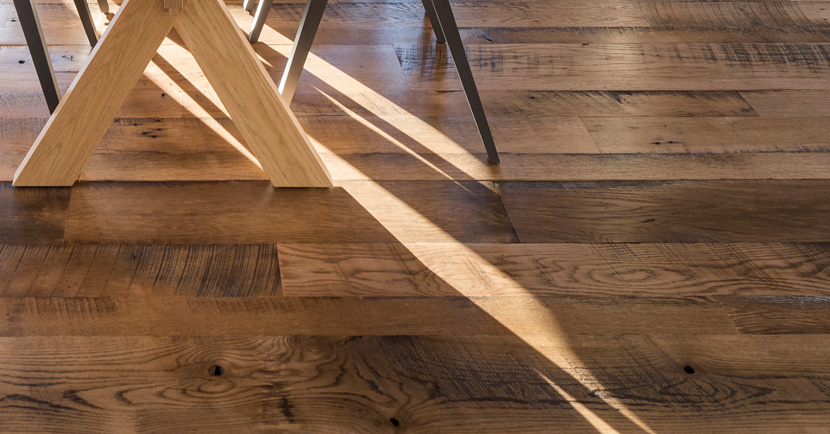 Reclaimed skip-planed oak flooring in home