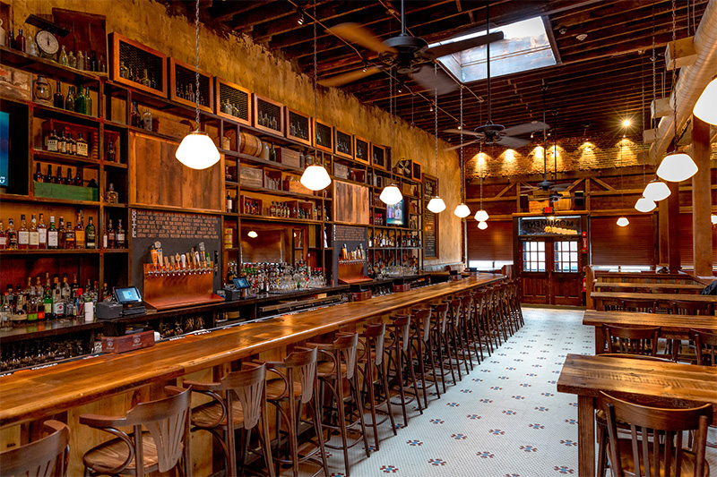 Reclaimed Hardwood Paneling, Reclaimed Oak Bar, and Reclaimed Spruce Tables, Monument Restaurant, Charlestown, MA