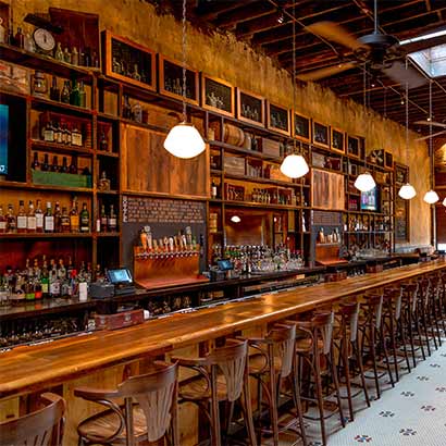 Reclaimed Hardwood Paneling, Reclaimed Oak Bar, and Reclaimed Spruce Tables, Monument Restaurant, Charlestown, MA