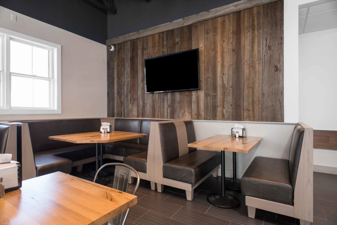 Reclaimed Barn Board Wall Paneling & Reclaimed White Oak Tables ~ Pomodori Restaurant, Georgetown, MA