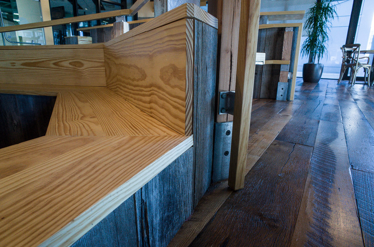 Reclaimed Heart Pine Benches ~ Venture Café at Cambridge Innovation Center, Kendall Square, Massachusetts