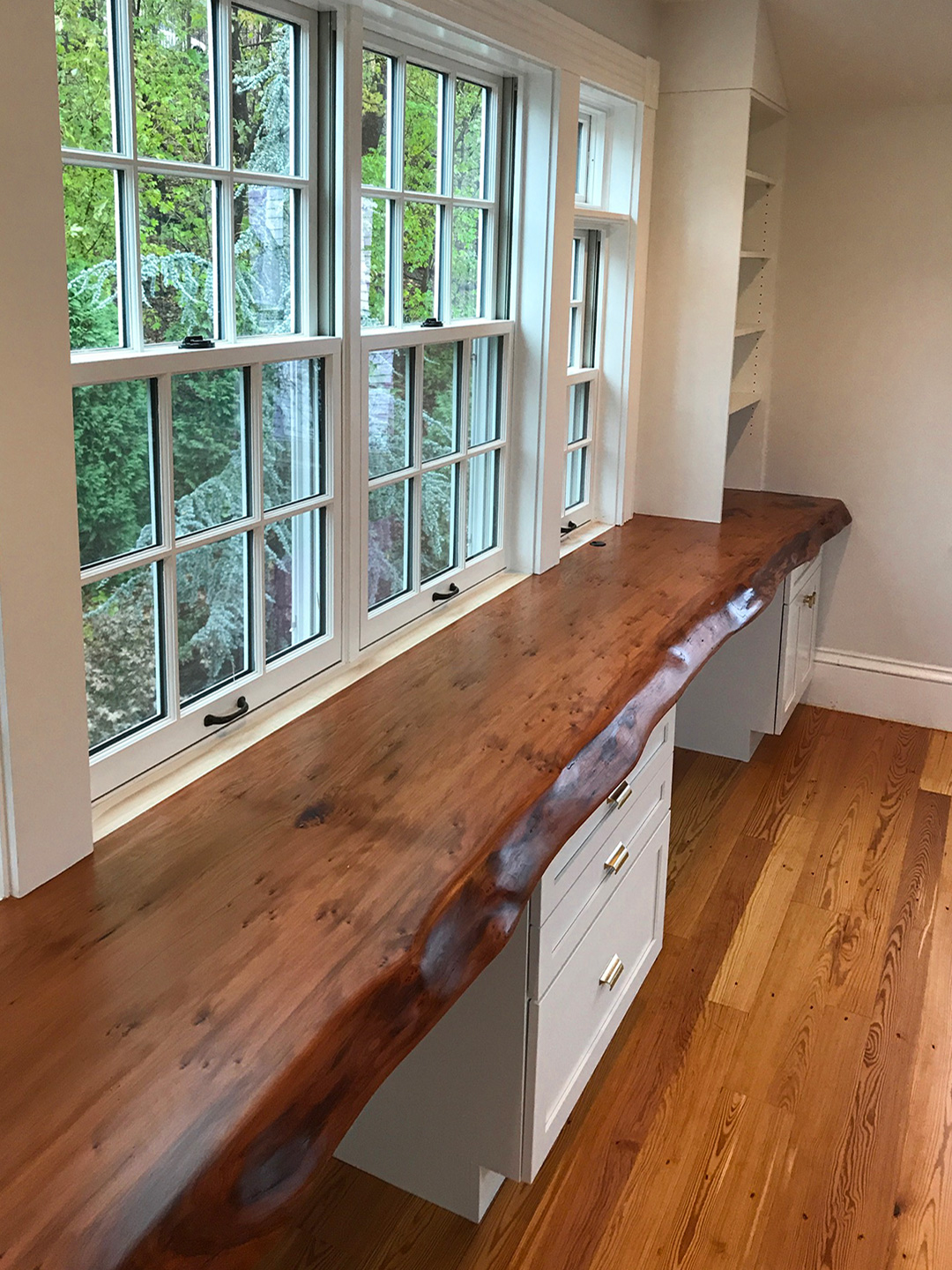 Salvaged Redwood Slab Desk And Reclaimed Heart Pine Flooring In Home Office