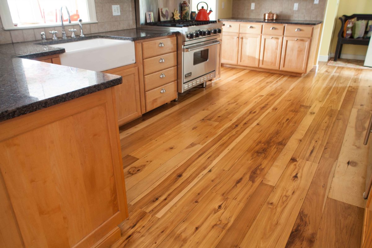 Reclaimed Hickory Flooring in a Weston, MA kitchen. Water-based polyurethane finish.