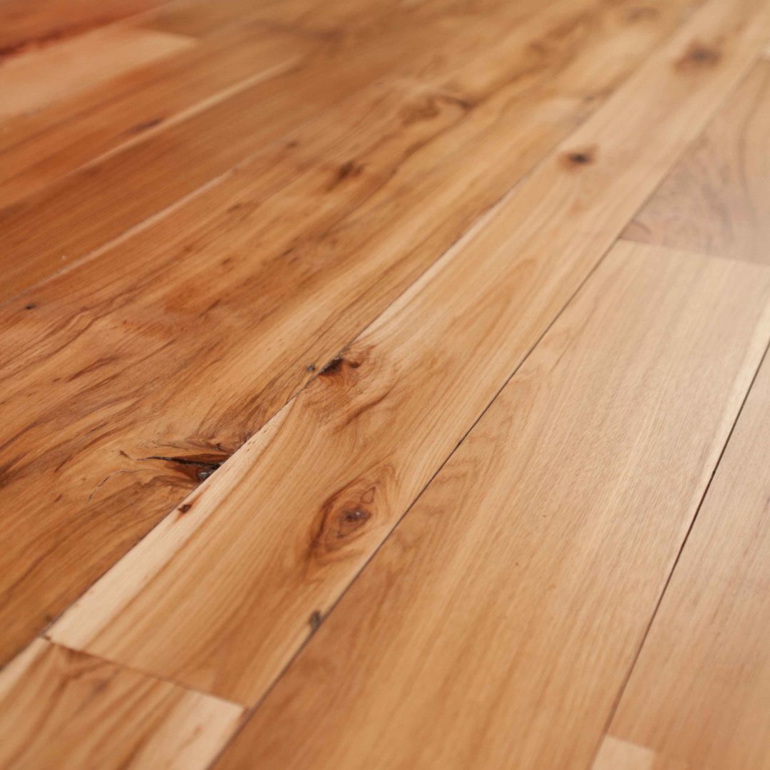Reclaimed hickory flooring with a water-based polyurethane finish.