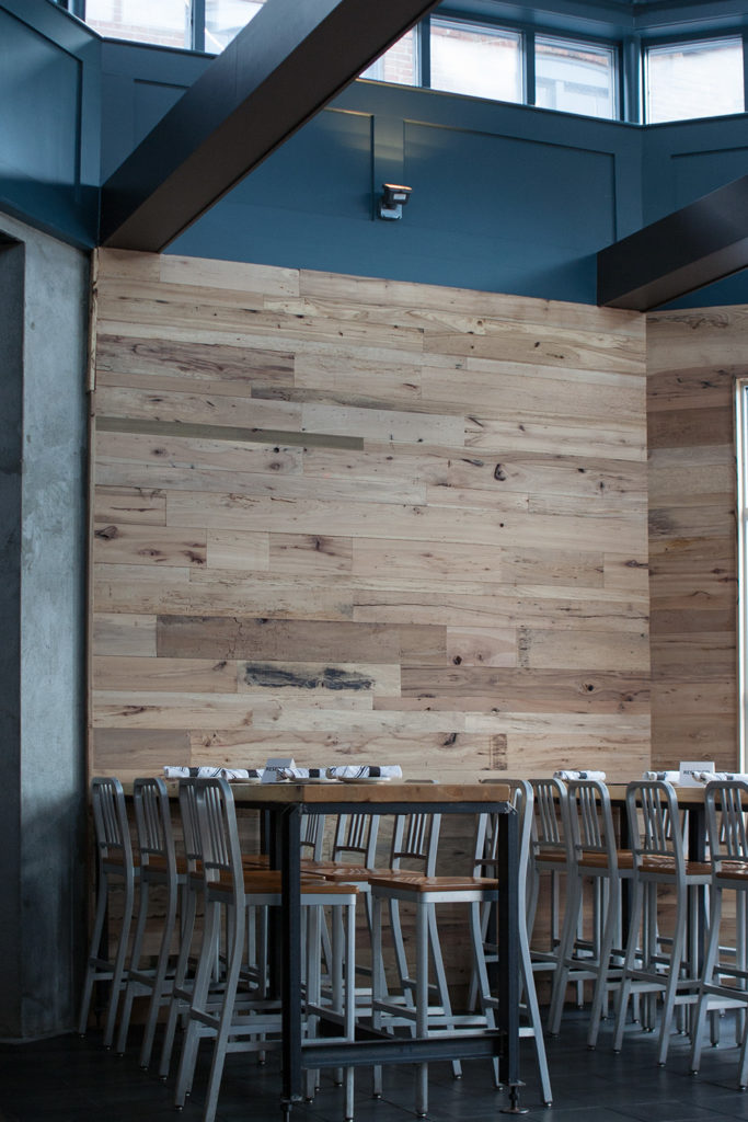 Reclaimed Oak Post & Beam Wood Paneling in Lowell, MA Restaurant