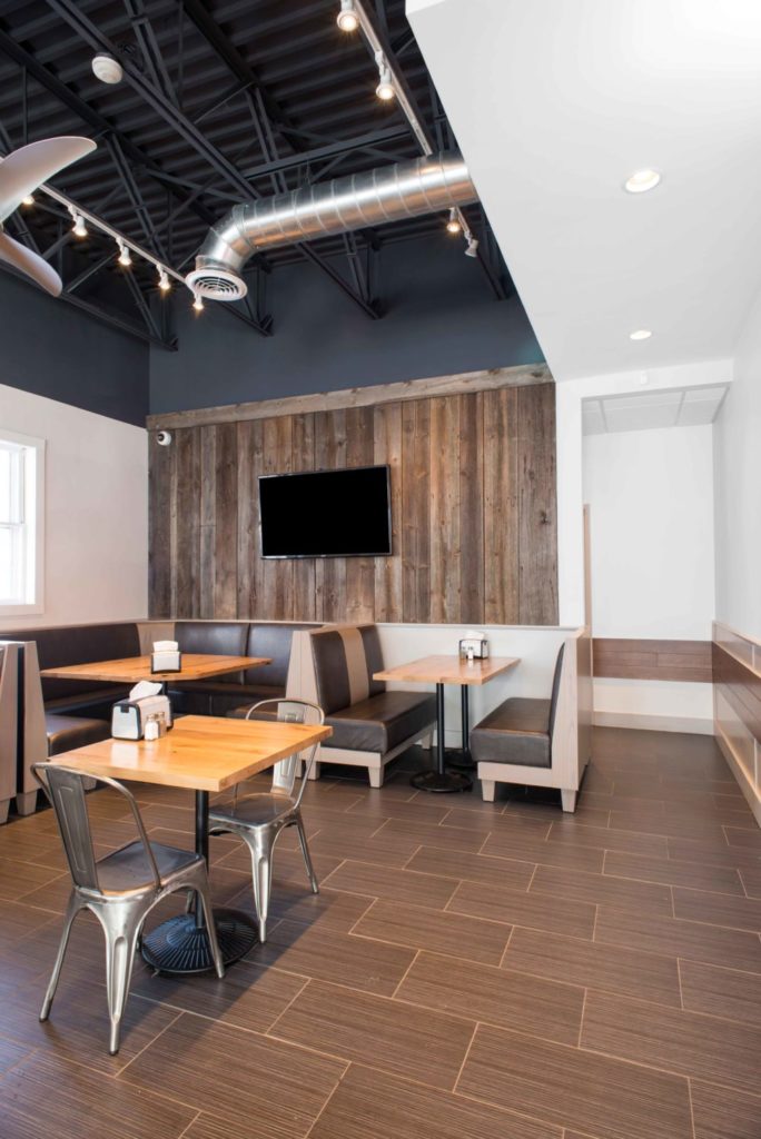 Reclaimed Barn Board Wall Paneling & Reclaimed White Oak Tables ~ Pomodori Restaurant, Georgetown, Massachusetts