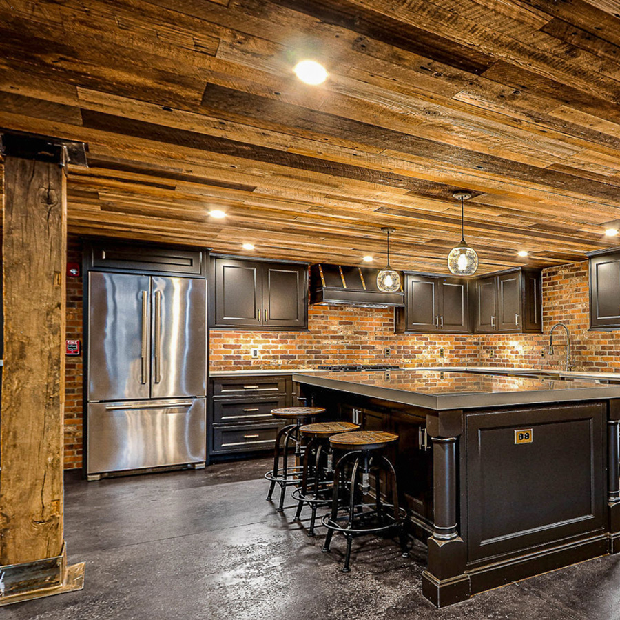 Reclaimed Wire-Brushed Paneling & Hand-Hewn Column Wrap - Boston Scally Co.