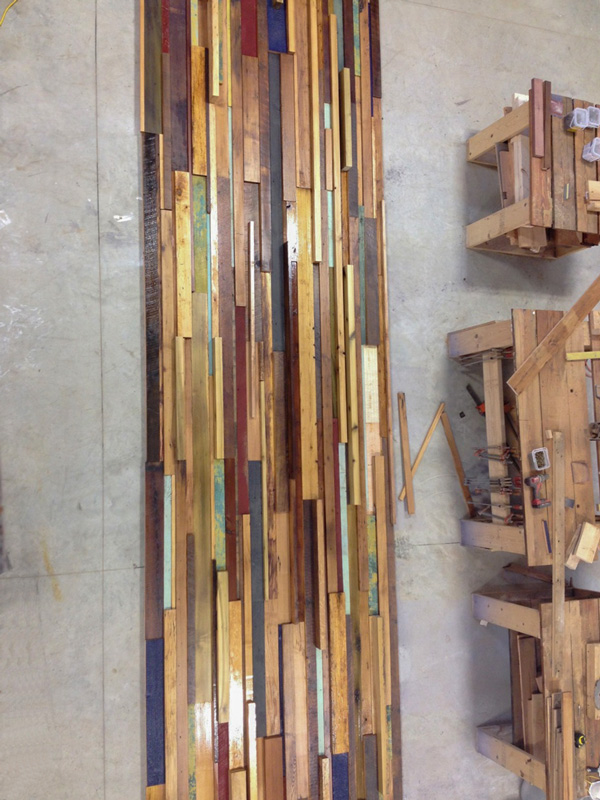 Mixed Reclaimed Woods Wall Paneling Under Construction at the Mill in Maine