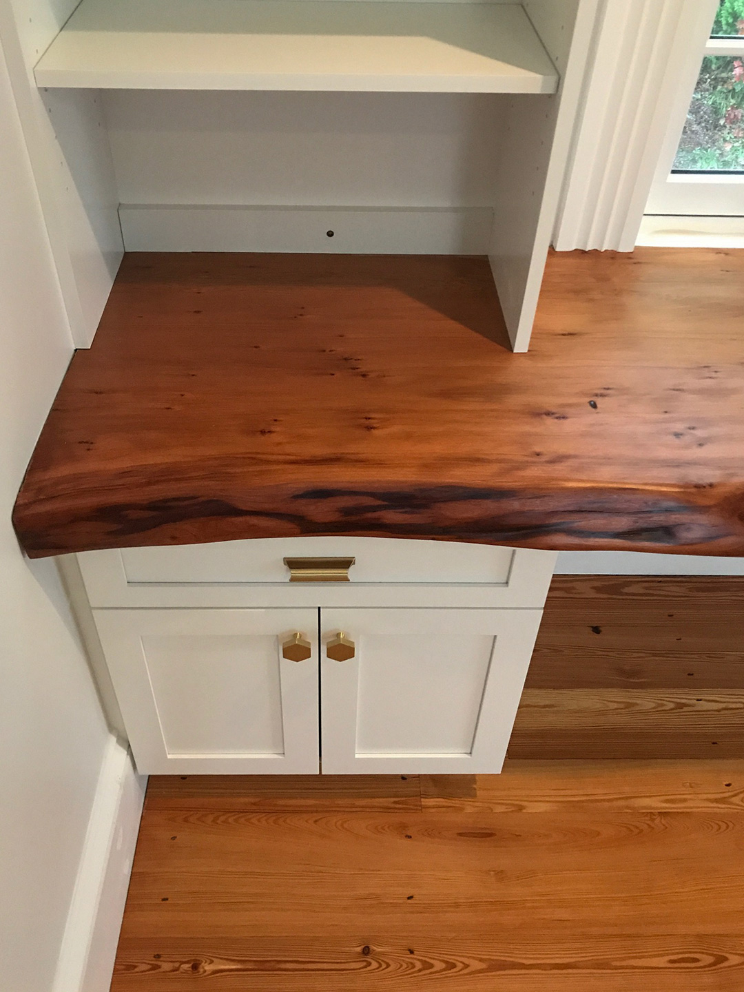 Salvaged Redwood Slab Desk And Reclaimed Heart Pine Flooring In Home Office