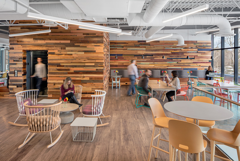 Reclaimed Wood Paneling on Walls and Ceilings in Workspace