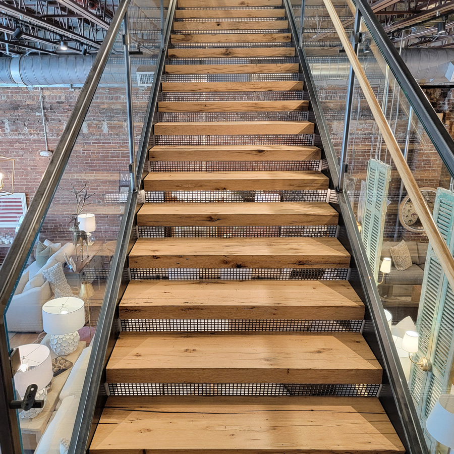 Reclaimed white oak stair treads in retail store